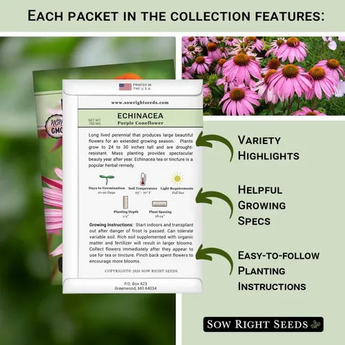 Miniatura 2 de Sow Right Seeds - Colección de semillas de hierbas medicinales para plantar - Manzanilla romana, equinácea, lavanda, hisopo y bergamota - Semilla