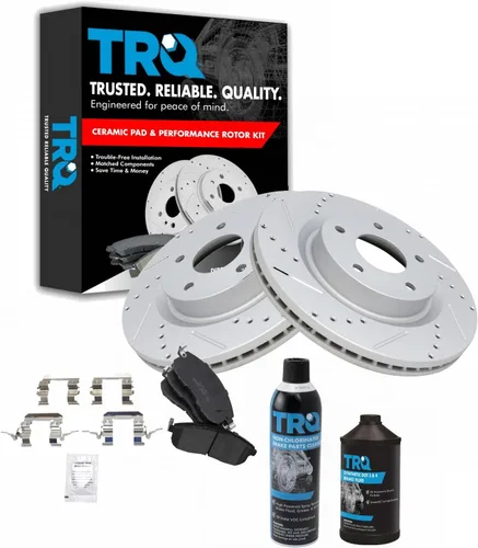 TRQ Kit de pastillas de freno y rotor de rendimiento delantero, kit químico de freno, pastillas de freno, rotores de freno de cerámica premium con