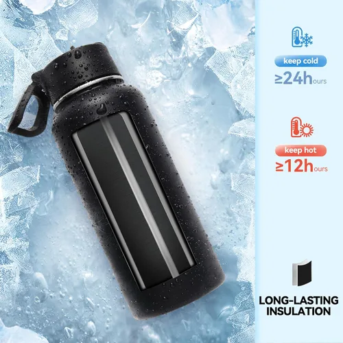Miniatura 5 de Neihepal Botella de agua aislada de 32 onzas con 2 tapas (tapa con pajilla y boquilla), botellas de agua de doble pared de acero inoxidable 18/8