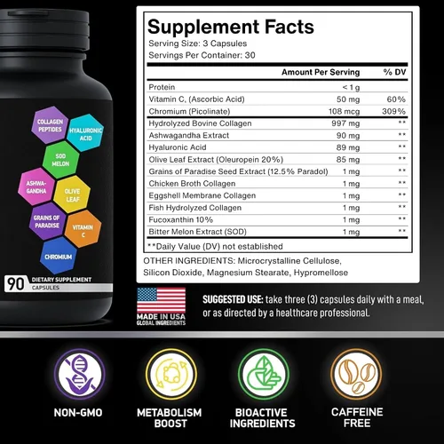 Miniatura 4 de Quemadura de colágeno múltiple para mujeres y hombres, 1,000 mg tipo I, II, III, V, X, péptidos de colágeno hidrolizados, ácido hialurónico