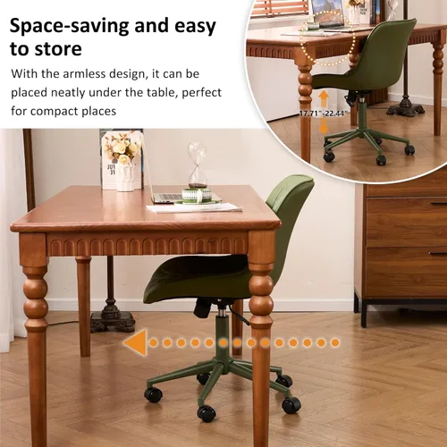 Miniatura 7 de YOUNIKE Silla de oficina ergonómica de piel sintética verde oliva, sin brazos, cómoda silla de escritorio con respaldo mecedor, bonita silla