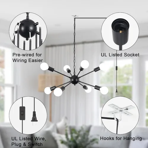 Miniatura 8 de Candelabro enchufable para comedor, lámpara de araña negra enchufable, luz Sputnik con cable de 16.4 pies, 8 luces colgantes Sputnik para sala