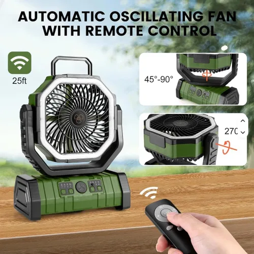 Miniatura 3 de Ventilador de exterior F6 – ventiladores portátiles personales recargables con luz LED y control remoto – ventilador de viaje plegable (verde)