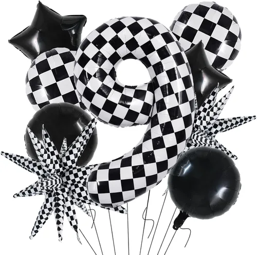 Miniatura 9 de TONIFUL 18 globos a cuadros blancos y negros, globos de carreras de 18 pulgadas para decoraciones de fiestas temáticas de autos de carreras rápidas