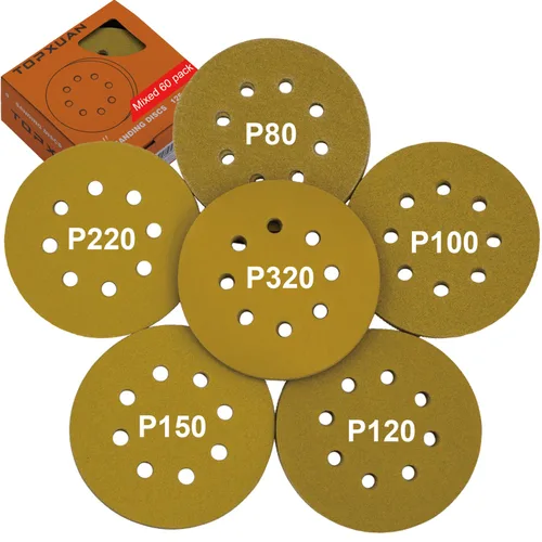 Miniatura 14 de Papel de lija orbital de 5 pulgadas, 8 agujeros, 60 granos, papel de lija de repuesto dorado húmedo y seco, apto para madera, molienda y pulido
