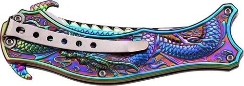 Miniatura 4 de Dark Side Ballistics - Cuchillo plegable asistido por resorte - Hoja y mango de acero inoxidable recubierto de Rainbow TiNite, tema de dragón, clip