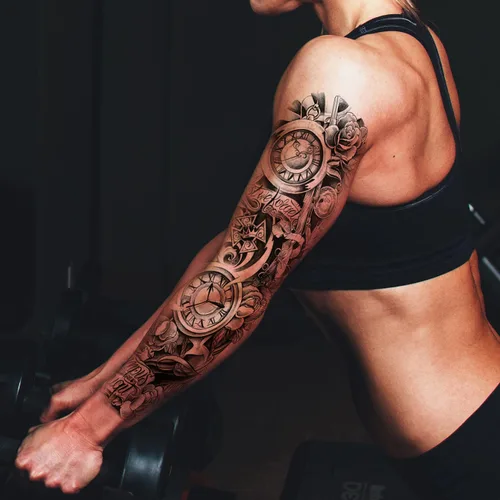 Miniatura 5 de Kotbs 6 hojas de mangas temporales de tatuaje de flores grandes para mujer, diseño realista de reloj y rosa, tatuajes de manga falsa para cosplay