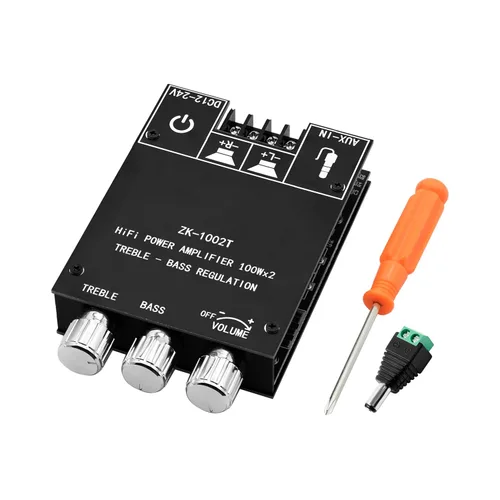 ZK-1002T Placa de amplificador Bluetooth de 100 W+100 W con control de agudos y graves, placa de amplificador de audio estéreo mini de 2.0 canales,