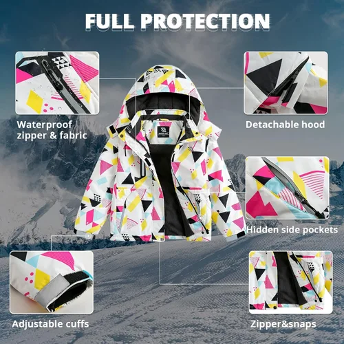 Miniatura 5 de Simplee Kids Chaqueta de esquí impermeable para niñas, abrigo de invierno colorido con capucha