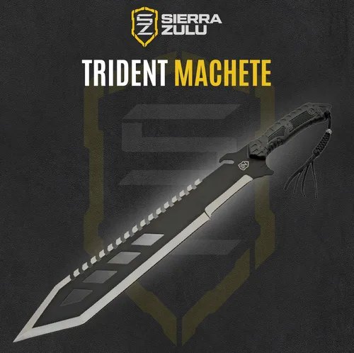 Miniatura 4 de Sierra Zulu Trident Machete - Acero inoxidable, 24.0 pulgadas en general, hoja modificada Tanto con borde trasero de diente de sierra, funda táctica