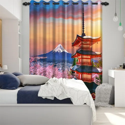 Miniatura 31 de Cortinas japonesas con pintura de tinta, monte Fuji, sol rojo, puesta de sol, hojas de bambú, cortinas de ventana para dormitorio, sala de estar