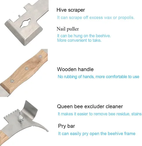 Miniatura 5 de AukBeeFun Herramientas de colmena de acero multiusos con mango de madera y herramienta de raspador de colmena de abejas con 7 funciones Equipo