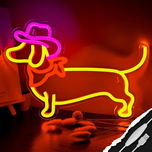 Letrero de Neón de Dachshund para Decoración de Pared, Letrero de Perro de Neón, Lindo Cachorro con Sombrero de Vaquero, Letrero de Luz LED para