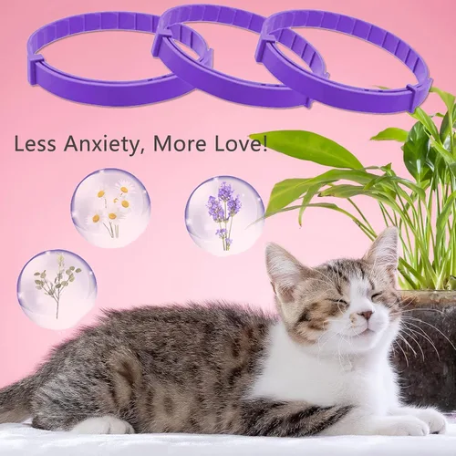 Miniatura 7 de Paquete de 3 collares ajustables para ansiedad, feromonas calmantes para gatos y gatitos, alivio del estrés, collar cómodo relajante (violeta)