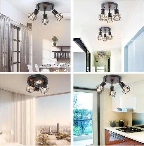 Miniatura 5 de Lámpara de techo de montaje empotrado de 3 luces, lámpara de techo industrial para cocina, E26, color negro, para comedor, pasillo, entrada