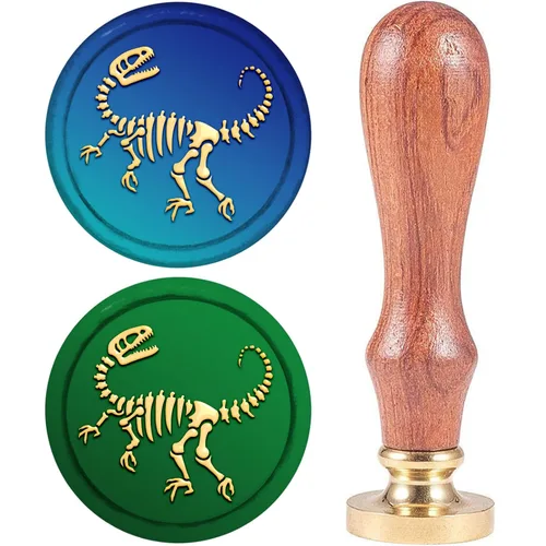 CRASPIRE Sello de cera fósil de dinosaurio de 0.98 pulgadas (0.984 in), sellos de latón con cabeza de madera retro, mango extraíble para
