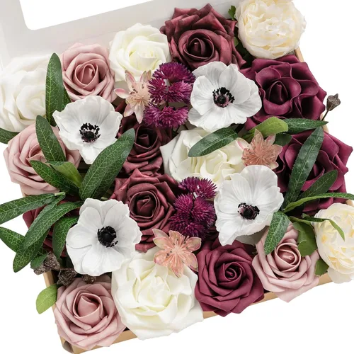 Miniatura 9 de Ling's moment Caja de flores falsas, tallos de vegetación artificiales artificiales, rosas de espuma, peonías de seda de dalia, eucalipto, flor Rosa