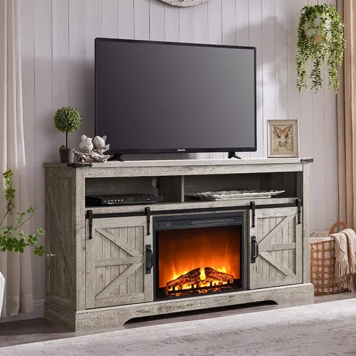 Miniatura 10 de OKD Soporte de TV con chimenea para TV de más de 65 pulgadas, centro de entretenimiento Highboy Farmhouse de 33 pulgadas de alto con chimenea