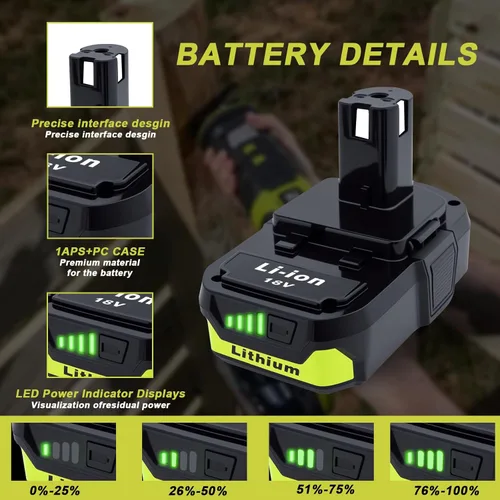 Miniatura 6 de 2 paquetes de repuesto de alta capacidad de 3.0Ah para batería Ryobi de 18 V P108 P104 P105 P102 P103 P122 P109 Li-ION compatible con Ryobi 18V ONE+