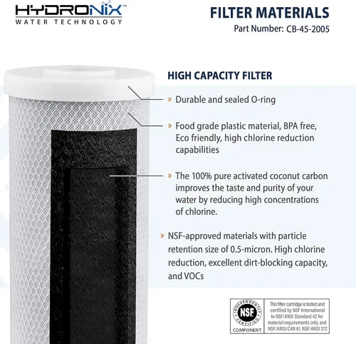 Miniatura 2 de Hydronix CB-45-2005 NSF Filtro de bloque de carbono de 4.5 pulgadas de diámetro externo x 20 pulgadas de largo, de 5 micrones.