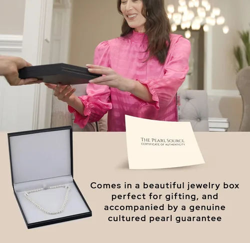 Miniatura 5 de The Pearl Source Collar de perlas reales para mujer con perlas cultivadas redondas de agua dulce blancas de calidad AAA+, hilo de perlas de 18