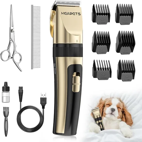 HEAPETS - Cortapelos para perros, de bajo ruido, eléctrico, silencioso, peine ajustable, cortaúñas recargable inalámbrico para perros, gatos y Dorado