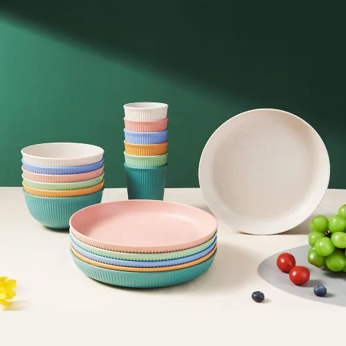 Miniatura 5 de Juego de vajilla de paja de trigo de 18 piezas HXYPN irrompible y reutilizable Juego de tazas de cocina, platos y cuencos aptos para lavavajillas