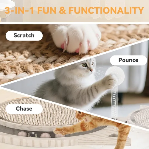 Miniatura 2 de Tablero rascador para gatos con sisal natural, juguete interactivo para gatos con bola de resorte, almohadilla rascador duradera para gatos