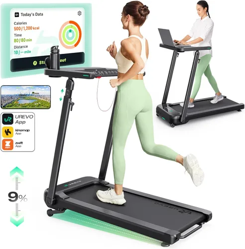 Miniatura 9 de UREVO Treadmill with Standing Desk Workstation, Walking Pad Treadmills for Home Office, Under Desk Compact Design Treadmill with HIIT Programs, Negro