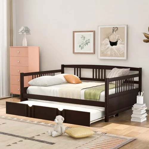 Miniatura 15 de Merax Sofá cama con cama nido, soporte de listones de madera, sofá cama moderno para sala de estar con rieles, tamaño completo, gris