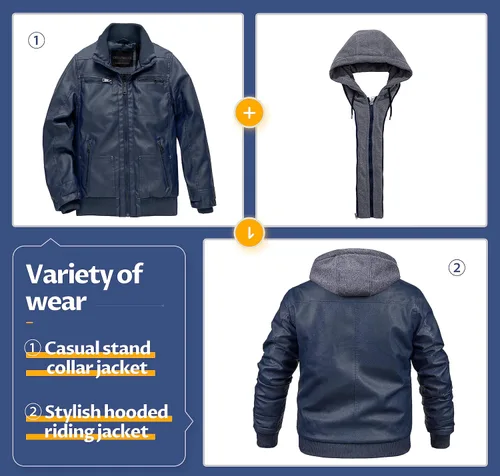 Miniatura 3 de CREATMO US Chaqueta de piel sintética para hombre, impermeable, resistente al viento, PU con capucha extraíble