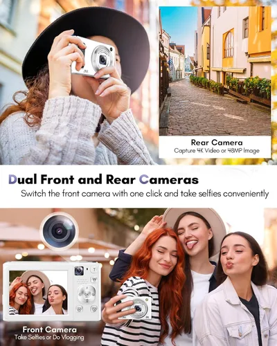 Miniatura 3 de Cámara digital 4K, cámaras de enfoque automático de 48 MP para fotografía, cámara compacta de vlogging con cámara frontal y trasera, cámaras de Beige