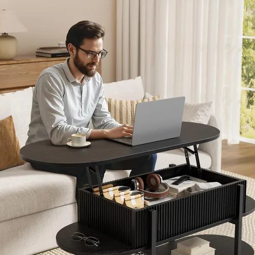 Miniatura 6 de FABATO - Mesa de centro oval de 41.7" con parte superior elevable, mesa central de madera estriada con almacenamiento oculto, mesas pequeñas de 3