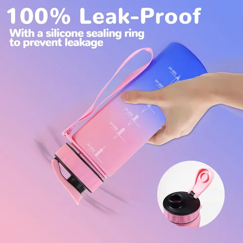 Miniatura 2 de Botella de agua grande con marcador de tiempo motivacional, jarra de agua con asa, botella deportiva transparente para gimnasio, campamento, 22oz