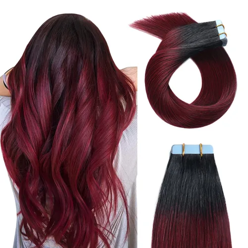 Miniatura 34 de YILITE Extensiones de cabello adhesivas de color rojo, 18 pulgadas, 50 g, 20 unidades, #99J, 100% cabello humano Remy, trama de piel sin costuras