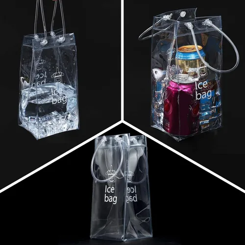 Miniatura 6 de Paquete de 3 bolsas portátiles para vino helado, bolsa plegable de PVC transparente, bolsa enfriadora de vino, bolsa fría de vino con asa