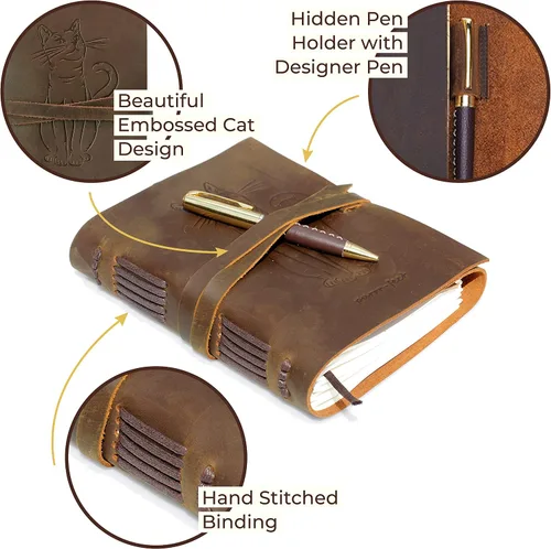 Miniatura 4 de Sovereign-Gear Diario encuadernado en cuero para hombres y mujeres, juego de regalo hecho a mano con diario de cuero en relieve de gato y bolígrafo
