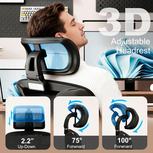 Miniatura 5 de Vonesse Silla de oficina ergonómica con reposapiés, sillas de escritorio con reposacabezas y reposabrazos ajustables 3D, silla de juegos de Negro