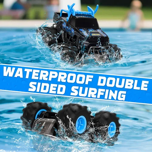 Miniatura 2 de BainGesk Juguetes de camión monstruo a control remoto impermeable, auto RC 1:16, 2.4GHz 4WD juguetes de automóvil todo terreno con 2 baterías Azul