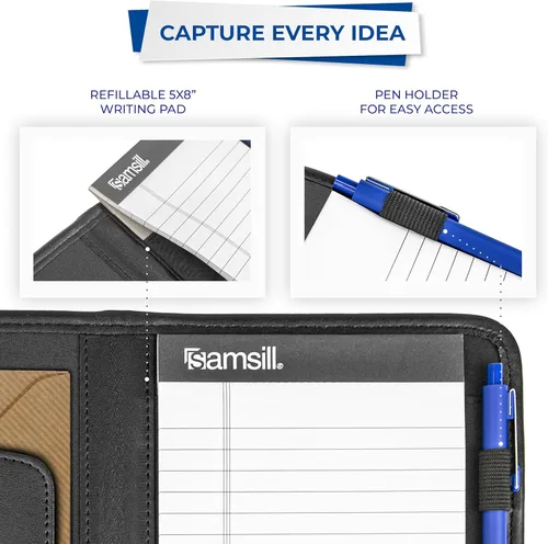 Miniatura 6 de Samsill Professional Padfolio, cartera mini de piel sintética, con bloc de notas de 5 x 8, color negro
