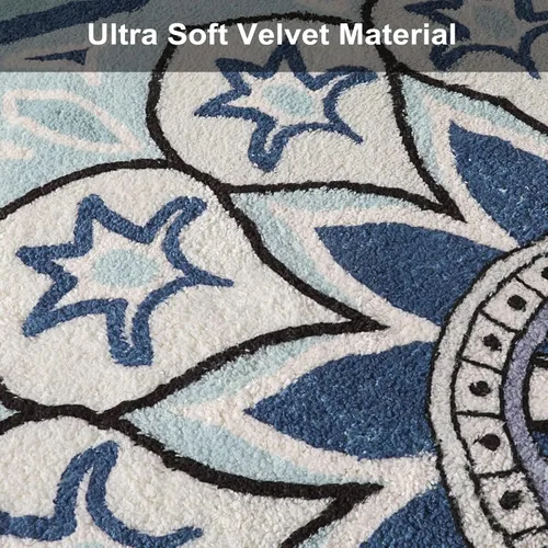 Miniatura 2 de Uphome Alfombra redonda pequeña de 2.3 pies, color azul, bohemia, con flecos de pompones, antideslizante, lavable, tapete de baño circular de Negro