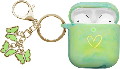 Miniatura 12 de Funda compatible con AirPods, funda de silicona suave con patrón de corazón dorado para AirPods de 2 y 1 generación con bonito llavero de mariposa