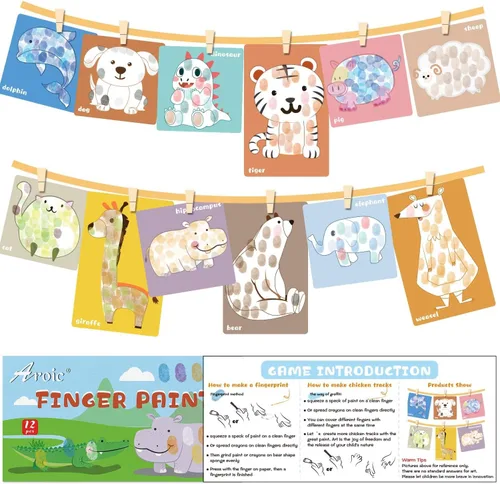 Miniatura 7 de Juego de 64 pinturas lavables, 12 colores no tóxicas para dedos con esponjas, pinceles de pintura, bata de pintura impermeable, paletas, tarjetas