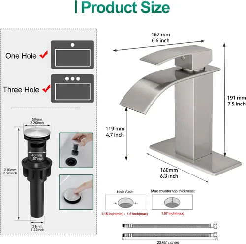 Miniatura 3 de VOTON Grifos de Baño Cascada Níquel Cepillado Modernos de Una Sola Manija Grifo de Lavabo para 1 o 3 Orificios con Placa de Cubierta y Desagüe