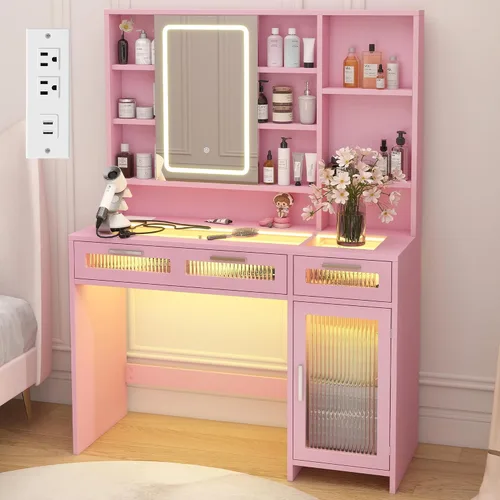 Miniatura 13 de Hadulcet Escritorio de tocador negro con espejo deslizante y luces LED, mesa de tocador de vidrio de 35.5 pulgadas con tomas de corriente, cajones