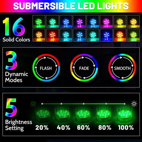 Miniatura 2 de YiaMia - Luces de bañera - 2 paquetes de luces LED RGB para piscina con batería, control remoto y ventosa para estanques, decoración, fiestas, spas