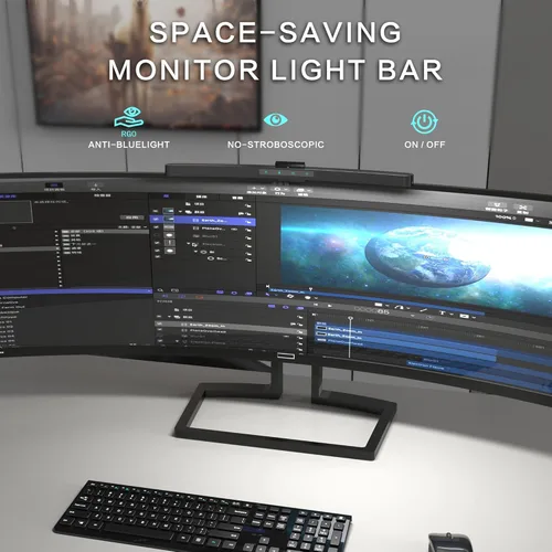 Miniatura 6 de Barra de luz curva para monitor ONWAY con control remoto inalámbrico, barra de luz para monitor con atenuación automática y base para cámara