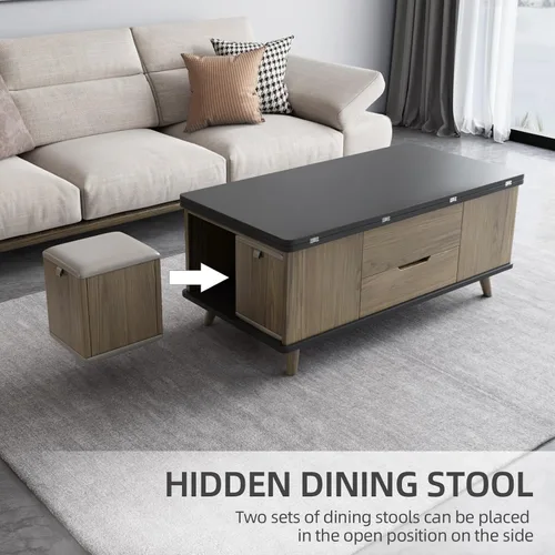 Miniatura 8 de Mesa de centro elevable con 4 taburetes de poliuretano, mesa de centro clásica de color negro con contraste marrón que se convierte en mesa
