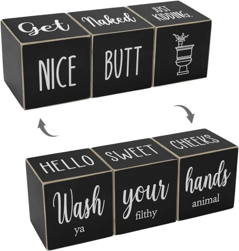 Decoración de baño negra de granja, letrero de 4 lados – Nice Butt&Get Naked & Hello Sweet Cheeks&Wash Your Hands de madera, rústica, linda y