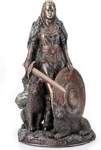 Veronese Design 8 1/4 Shield Maiden Freya Diosa nórdica del Amor Belleza y Guerra Escultura de resina fundida en frío Estatua con acabado de bronce